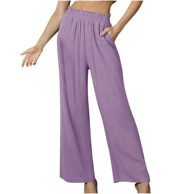 YWDJ Pants for Women Work Casual High Waist Fashion Casual Elastic Waist  Pocket Solid Color Trousers Long Pants Purple S 