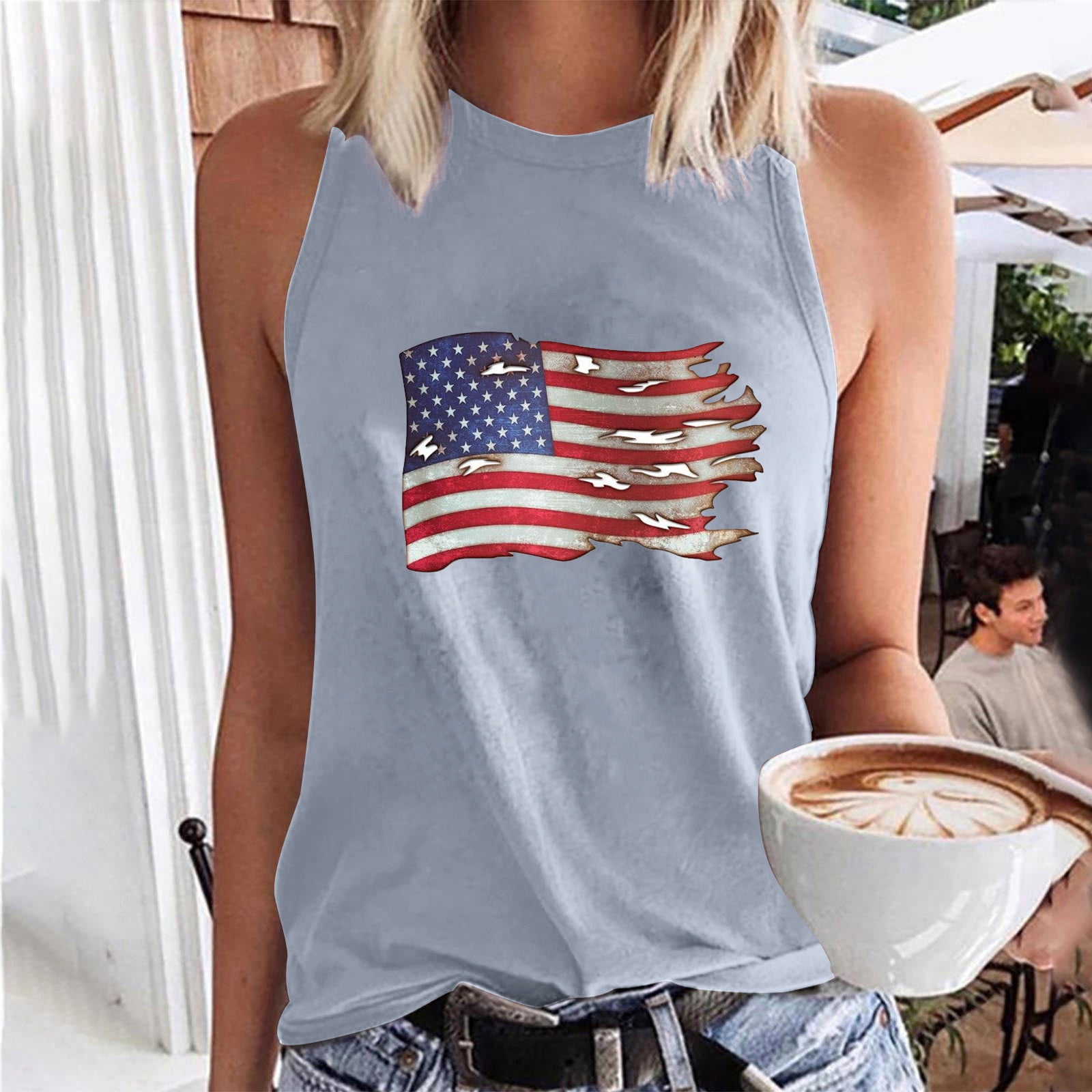 YWDJ Patriotic Halter Tops Red White Blue Clothing Sleeveless Summer Casual Tops Regular Round Neck Sleeveless Vest Tops Independence Day Apparel