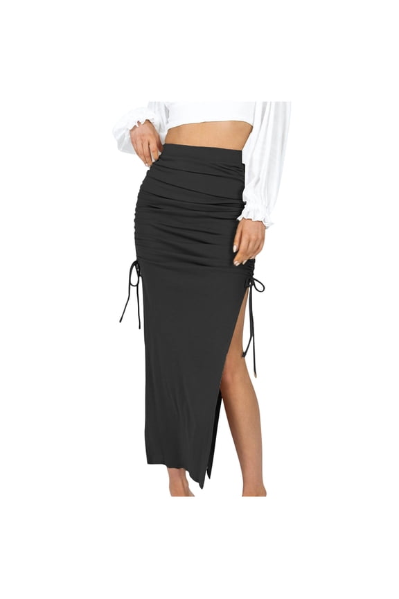 YWDJ Pencil Skirts for Women Solid Split Fork Slim Drawstring Skirt Knitting Bandage Long Skirt Black M