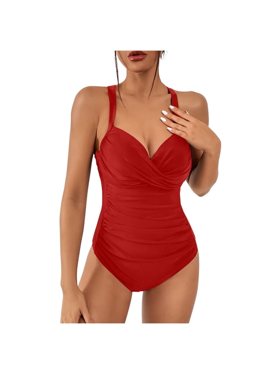 YWDJ Plus Size Bathing Suit for Women One Piece Monokini Romper Full Coverage Bandage Hawaiian Solid Conservative Conservative Beach Beachwear Fashion Bathing Suit Tummy Control Bathing Suits 40-Red S