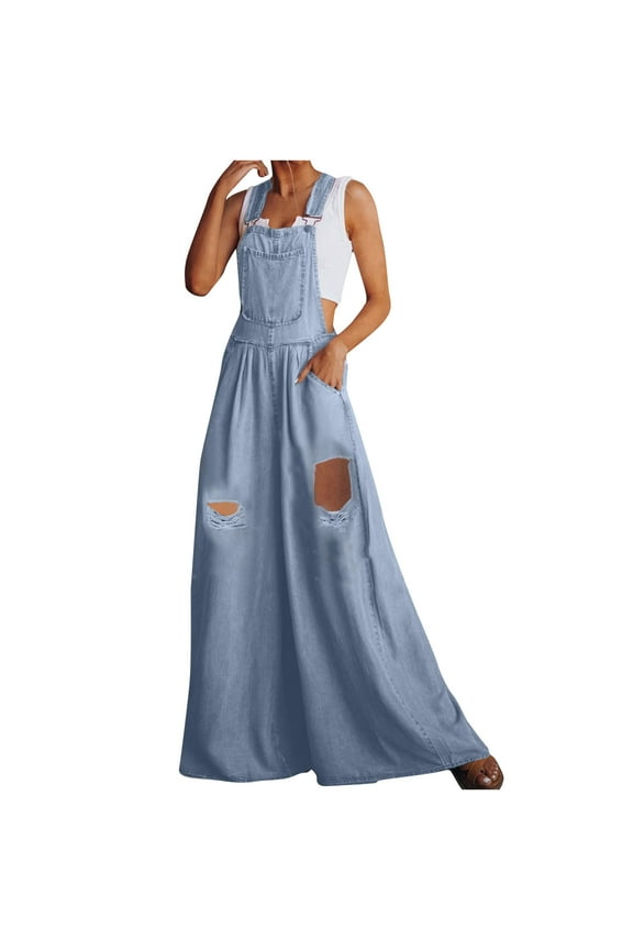 YWDJ Plus Size Jumpsuits for Women Casual Summer Denim Wide Leg Jean Bandage Long Pant Sleeveless Ladies Travel Comfortable 2023 Vacation Jumpers and Rompers Casual Solid Color Light Blue M
