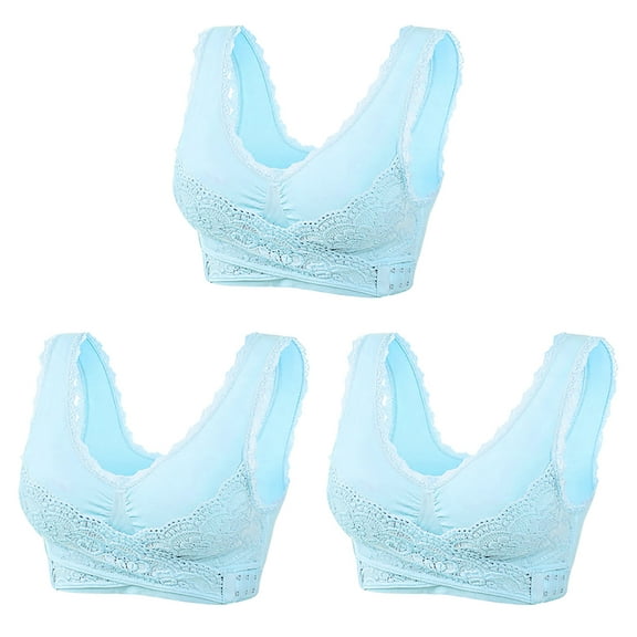 YWDJ Plus Size Strapless Bras for Women 3 Pack Front Closure Comfortable Bras No Underwire Bras Wide Strap Full Coverage Push up Cross Bras Padded Plus Size Lace Comfortable Bras Wrap Bras Blue 2XL