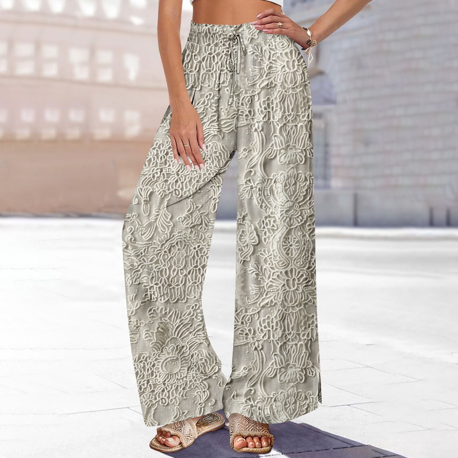 Women's Floral Print Linen Pants - High Waisted Wide Leg Elastic Waist Palazzo Pants For Beach, Travel