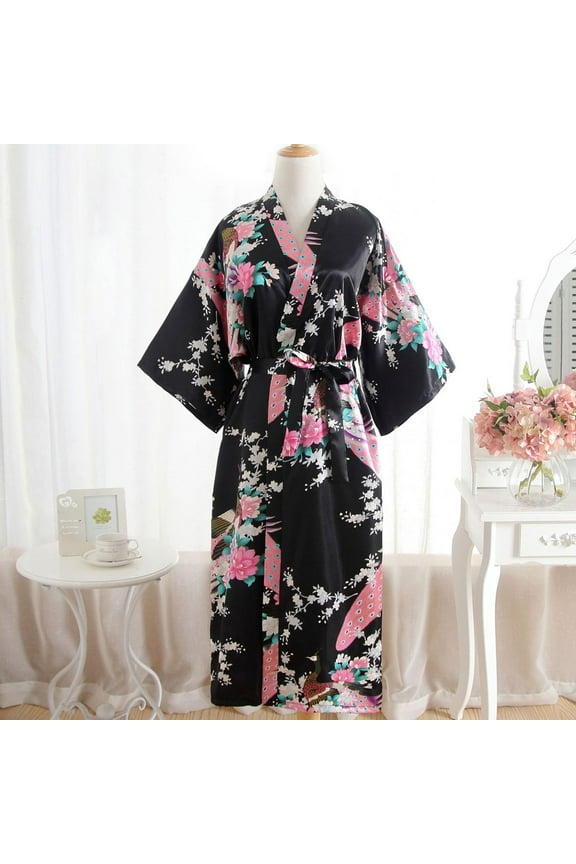 YWDJ Plus Size Womens Robes Print Blossom Kimono Dressing Gown Bath Robe Lingerie Nightdress Black
