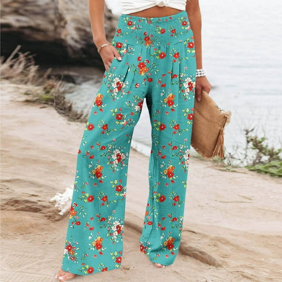 YWDJ Pull on Wide Leg Pants for Women High Waist Plus Size Lounge Pants with Pockets Wide Leg Elastic Waist Full Length Trouser Loose Beach Pants Flowers Multicolor M Tall Breathable Summer Clothes