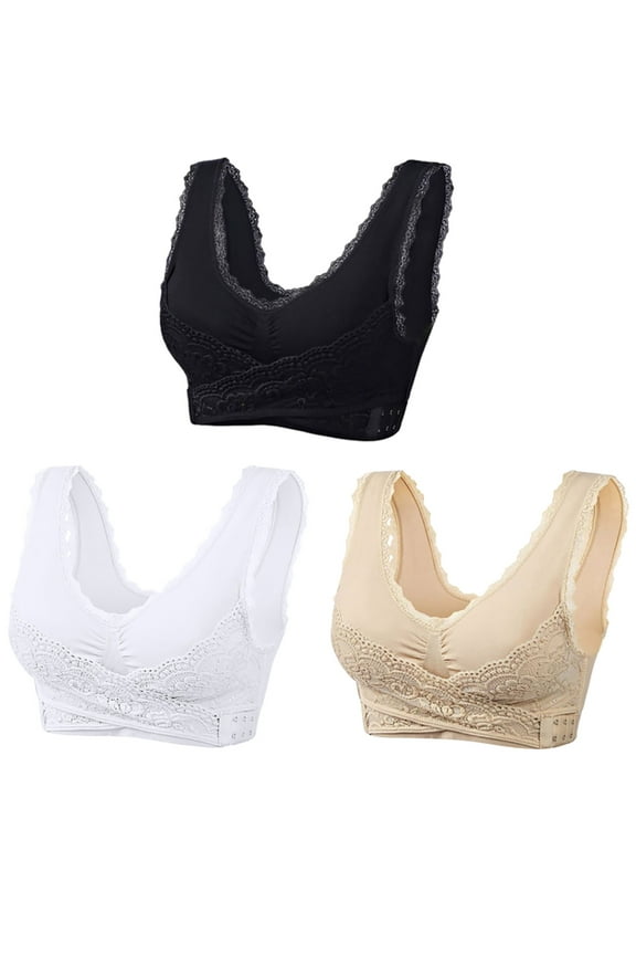 YWDJ Push up Bras for Women 3 Pack Front Close Comfy Bras Wireless Lounge Bras Wide Strap Full Coverage Cross Comfortable Bras Padded Lace Comfortable Bras Wrap Bras Beige L