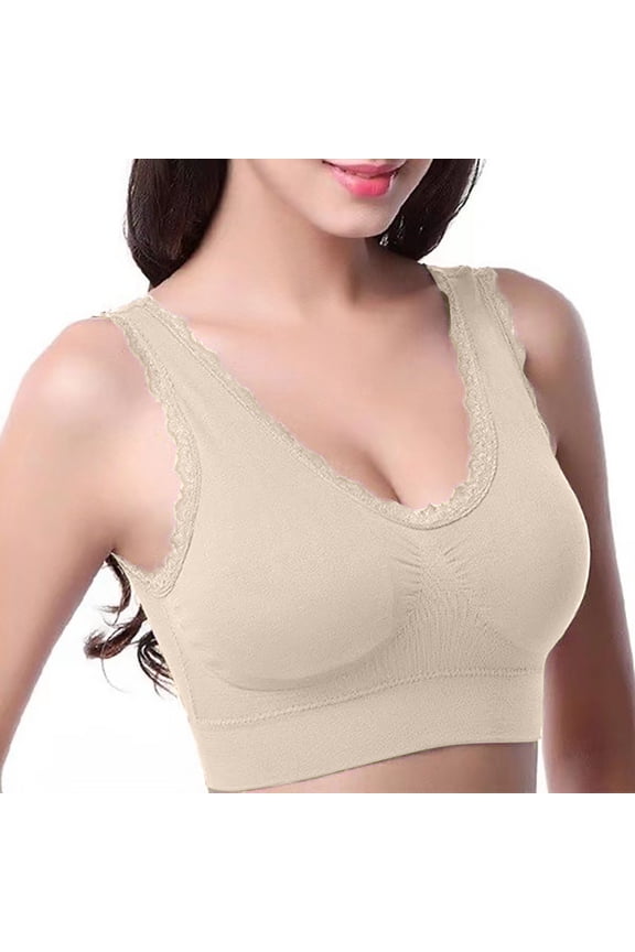 YWDJ Push up Bras for Women Closure in Back Gym Bras No Underwire Yoga Bras Wide Strap Full Coverage Lounge Bras Low Support Wrap Sleep Bras Padded Plus Size Lace Comfy Bras Comfy Bras Beige 2XL