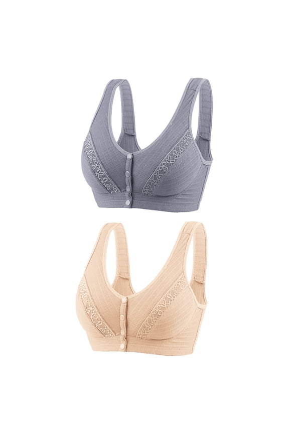 YWDJ Push up Bras for Women Plus Size 2 Pack Front Close Comfortable Bras Wireless Sleep Bras Wide Strap Full Coverage Bras Wrap Comfy Bras Padded Plus Size Comfort Solid Lounge Bras Gray M