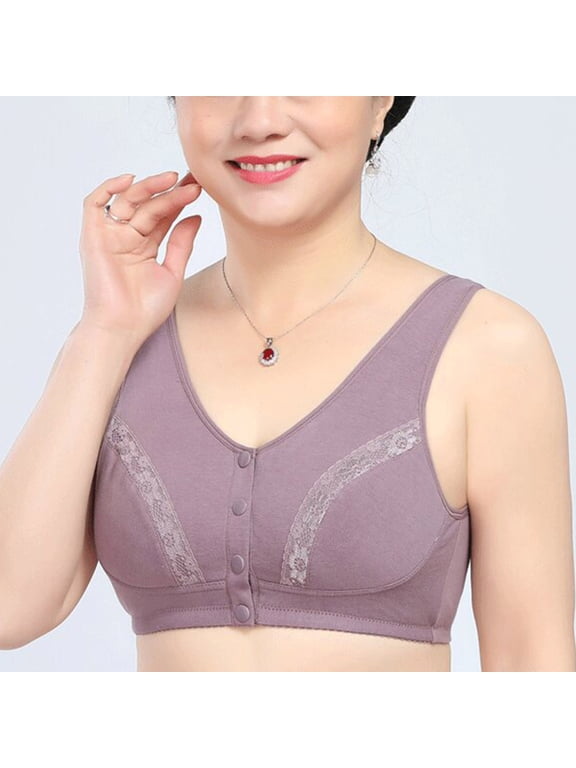 YWDJ Push up Bras for Women Plus Size Front Close Sleep Bras No Wires Comfy Bras Wide Strap Full Coverage Wrap Lounge Bras Padded Plus Size Lace Comfortable Bras Button Comfortable Bras Purple L