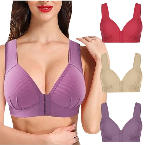 YWDJ Push up Bras for Women Plus Size Padded 3 Pack Front Close Lounge Bras Wireless Comfortable Bras Wide Strap Full Coverage Wrap Bras Padded Plus Size Comfortable Bras Solid Bras Beige 2XL