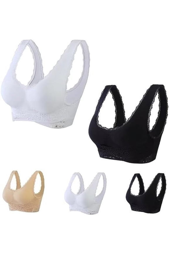 YWDJ Push up Bras for Women Plus Size Padded 5 Pack Front Closure Comfy Bras Wireless Lounge Bras Wide Strap Full Coverage Cross Comfortable Bras Padded Plus Size Lace Comfy Bras Wrap Bras White L