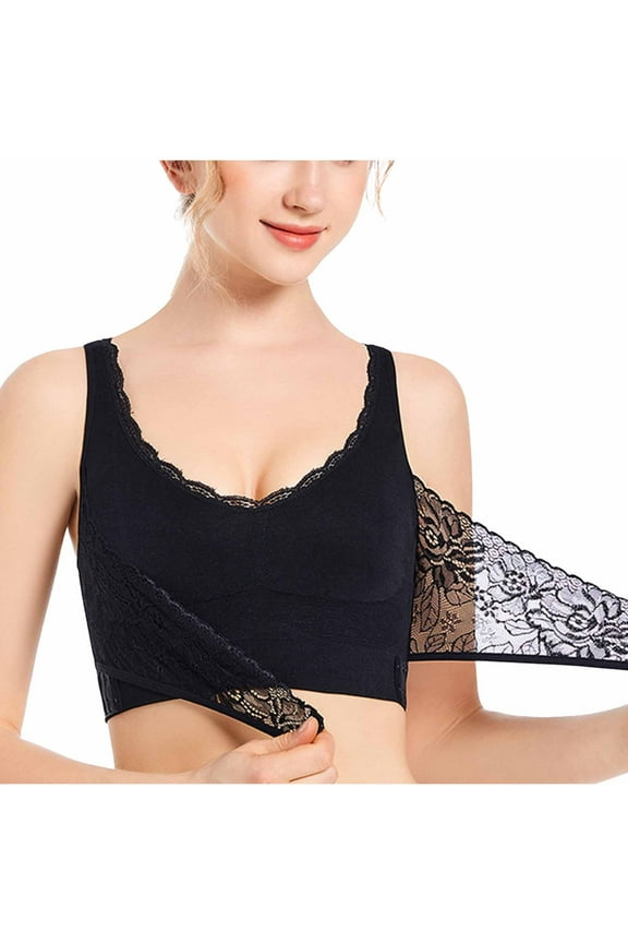 YWDJ Push up Bras for Women Plus Size Padded Side Closure Sleep Bras Wireless Comfy Bras Wide Strap Full Coverage Bras Low Support Cross Bras Padded Plus Size Lace Gym Bras Comfort Wrap Bras Black M
