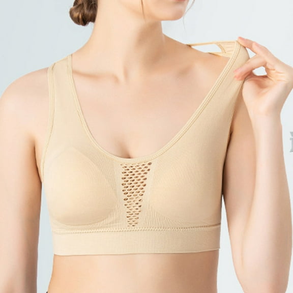 YWDJ Push up Bras for Women Plus Size Pullover Workout Bras No Underwire Gym Bras Spaghetti Straps Full Coverage Bras Low Support Hollow Bras Padded Mesh Sleep Bras Comfort Wrap Solid Bras Beige L