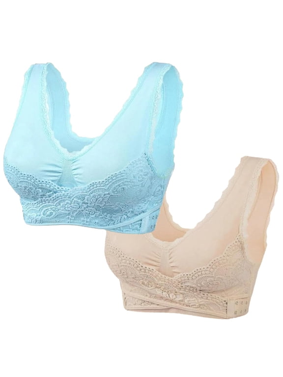 YWDJ Push up Bras for Women Plus Size Wide Back Wide Strap 2 Pack Front Closure Sleep Bras No Wires Comfy Bras Full Coverage Cross Lounge Bras Padded Plus Size Lace Comfortable Bras Wrap Bras Beige L