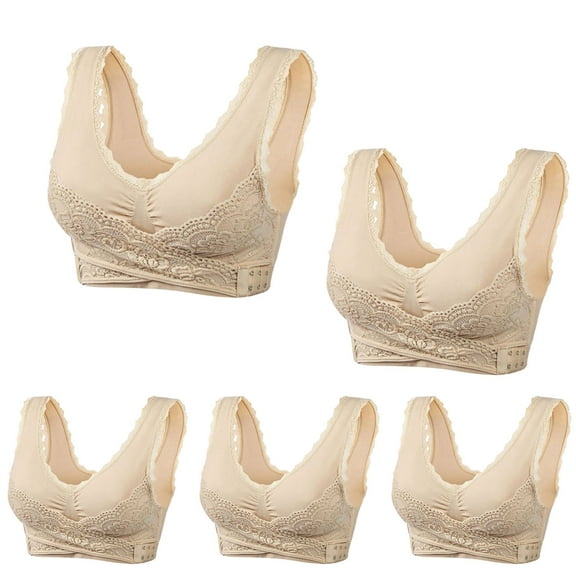 YWDJ Push up Bras for Women Plus Size Wide Back Wide Strap 5 Pack Front Close Sleep Bras No Wires Comfy Bras Full Coverage Cross Lounge Bras Padded Plus Size Lace Comfort Bras Wrap Bras Beige 2XL