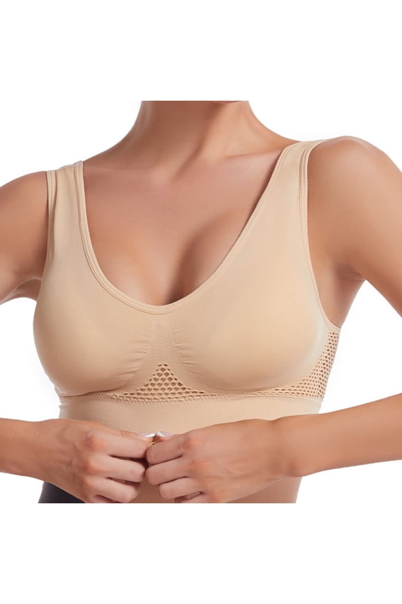 YWDJ Push up Bras for Women Plus Size Wide Back Wide Strap Pullover No Underwire Full Coverage Bras Low Support Backless Padded Plus Size Mesh Bras Comfort Hollow Wrap Bras Khaki M