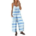 thumbnail image 1 of YWDJ Rompers for Women Casual Fancy Summer Wide Leg Loose Fit Long Pant Sleeveless Ladies Travel Comfortable 2023 Vacation Womens Jumpers and Rompers Casual Stripe Printing with Pockets Blue S, 1 of 7