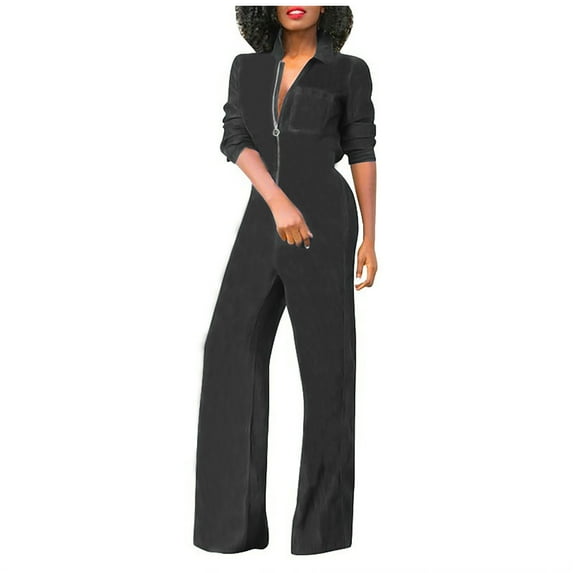 YWDJ Rompers for Women Casual Long Sleeve Summer Suspender Long Pant Ladies Travel Comfortable 2023 Vacation Flowy Rompers Womens Jumpers and Rompers Casual V Neck Solid Color Black M