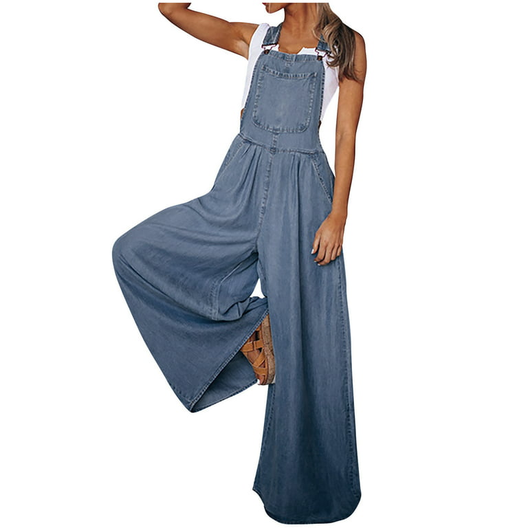YWDJ Rompers for Women Casual Summer Denim Wide Leg Jean Bandage Long Pant  Sleeveless Ladies Travel Comfortable 2023 Vacation Womens Jumpers and  Rompers Casual Solid Color Blue XL 