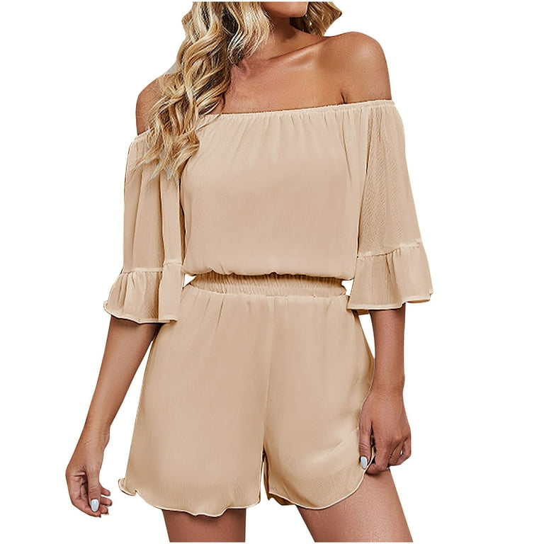 YWDJ Rompers for Women Short Flared Pants Ladies Travel Comfortable 2023  Vacation Athletic Jumpsuits for Women Yoga Jumpsuits for Women Casual  Jumpsuits for Women Solid Color Chiffon Beige M 