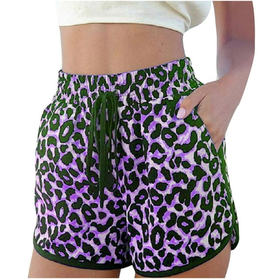 YWDJ Running Shorts for Women Comfy Summer Leopard Shorts Drawstring Elastic Waist Pockets Sport Pant Purple M