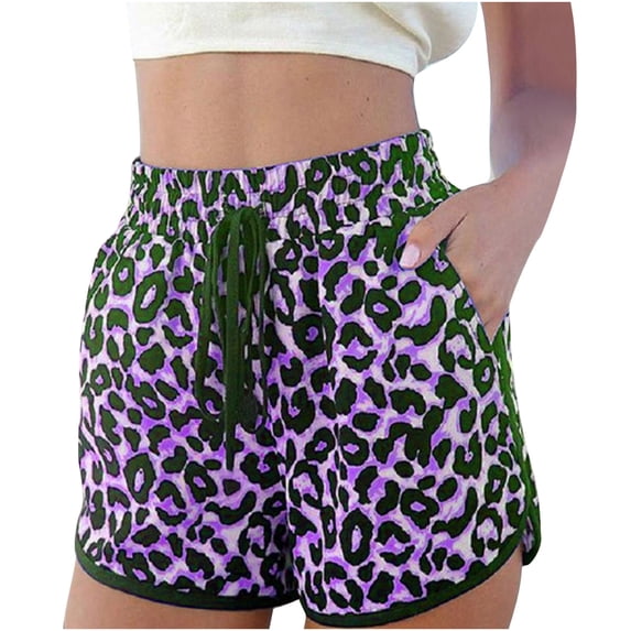 YWDJ Running Shorts for Women Comfy Summer Leopard Shorts Drawstring Elastic Waist Pockets Sport Pant Purple XL