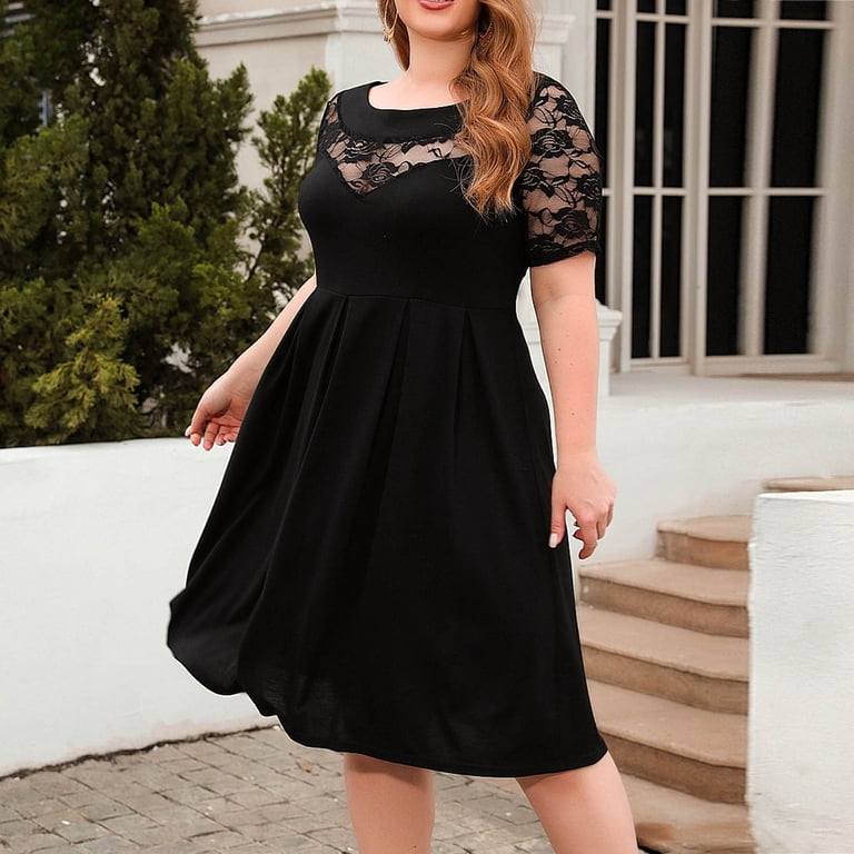 bridesmaid dresses for short chubby ladies YWDJ Semi Formal Women Dresses Summer Plus Size Casual Lace Sleeve Oversize Round Neck Solid Sleeve Loose for Wedding Guest Evening Party Graduation Birthday Tea Party Last Chance White Sexy Beach Dress size:US6 Our Knee length Plus