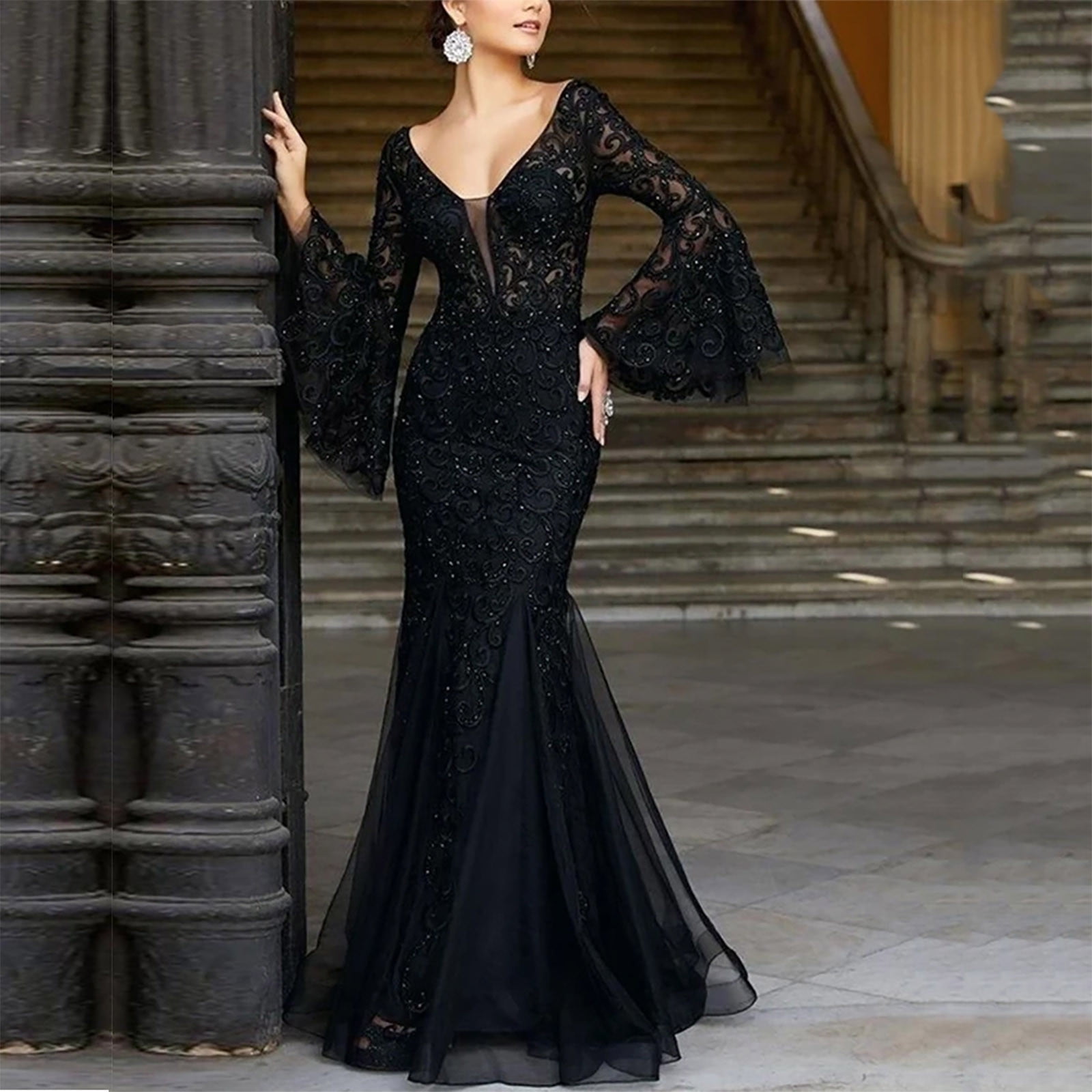 knee length dresses for ladies Simple Black Mermaid Straps Long Evening Prom Dresses, MR9008