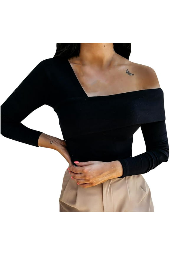 YWDJ Shirts for Women Dressy Casual Fall Women Solid Slim Fit Off Shoulder Pullover Long Sleeve Blouse Tops Black XL