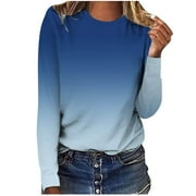 YWDJ Shirts for Women Graphic Tees Long Sleeve Dip Dye with Crew Neck Long Sleeve Blue L