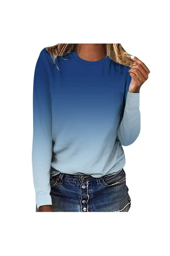 YWDJ Shirts for Women Graphic Tees Long Sleeve Dip Dye with Crew Neck Long Sleeve Blue L