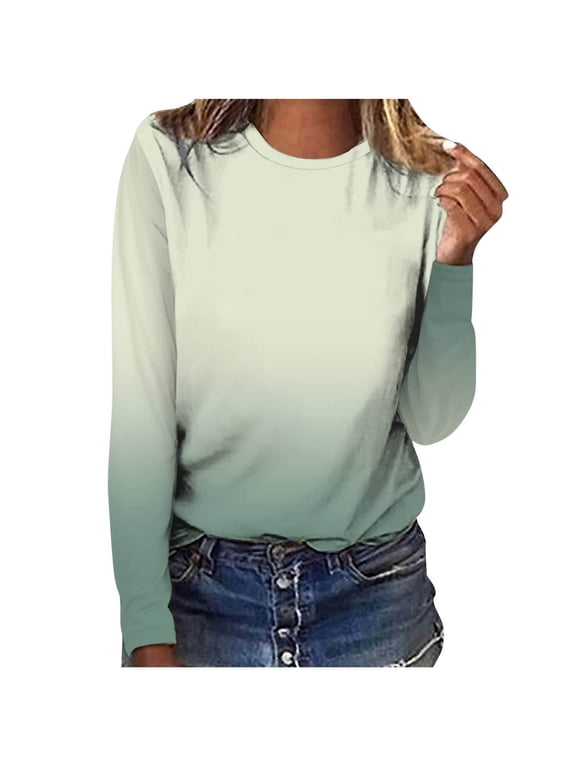 YWDJ Shirts for Women Graphic Tees Long Sleeve Dip Dye with Crew Neck Long Sleeve Mint Green M