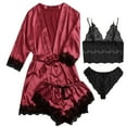 thumbnail image 1 of YWDJ Short Robes for Women Plus Size Lace Short Length Lightweight Solid Long Sleeve with Belt 4 Piece Pajamas XL Wine, 1 of 2