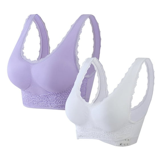 YWDJ Sleep Bras for Women Front Closure Set 2 Pack Lounge Bras Wirefree Comfortable Bras Wide Strap Full Coverage Push up Cross Bras Padded Plus Size Comfortable Bras Wrap Sleep Bras Purple XL