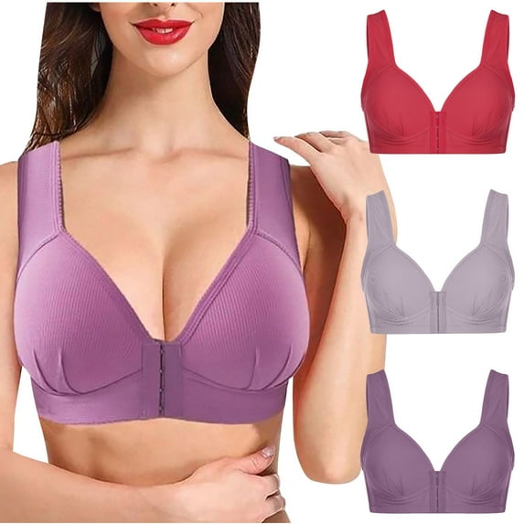 YWDJ Sleep Bras for Women Plus Size 3 Pack Front Close Sleep Bras No Wire Comfy Bras Wide Strap Full Coverage Push up Wrap Lounge Bras Padded Plus Size Comfortable Bras Solid Comfortable Bras Red 2XL