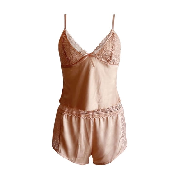 YWDJ Sleepwear for Women Shorts and Tops Lace Lightweight Solid Sleeveless Tank Tops 2 Piece Shorts V Neck Pajamas M Beige