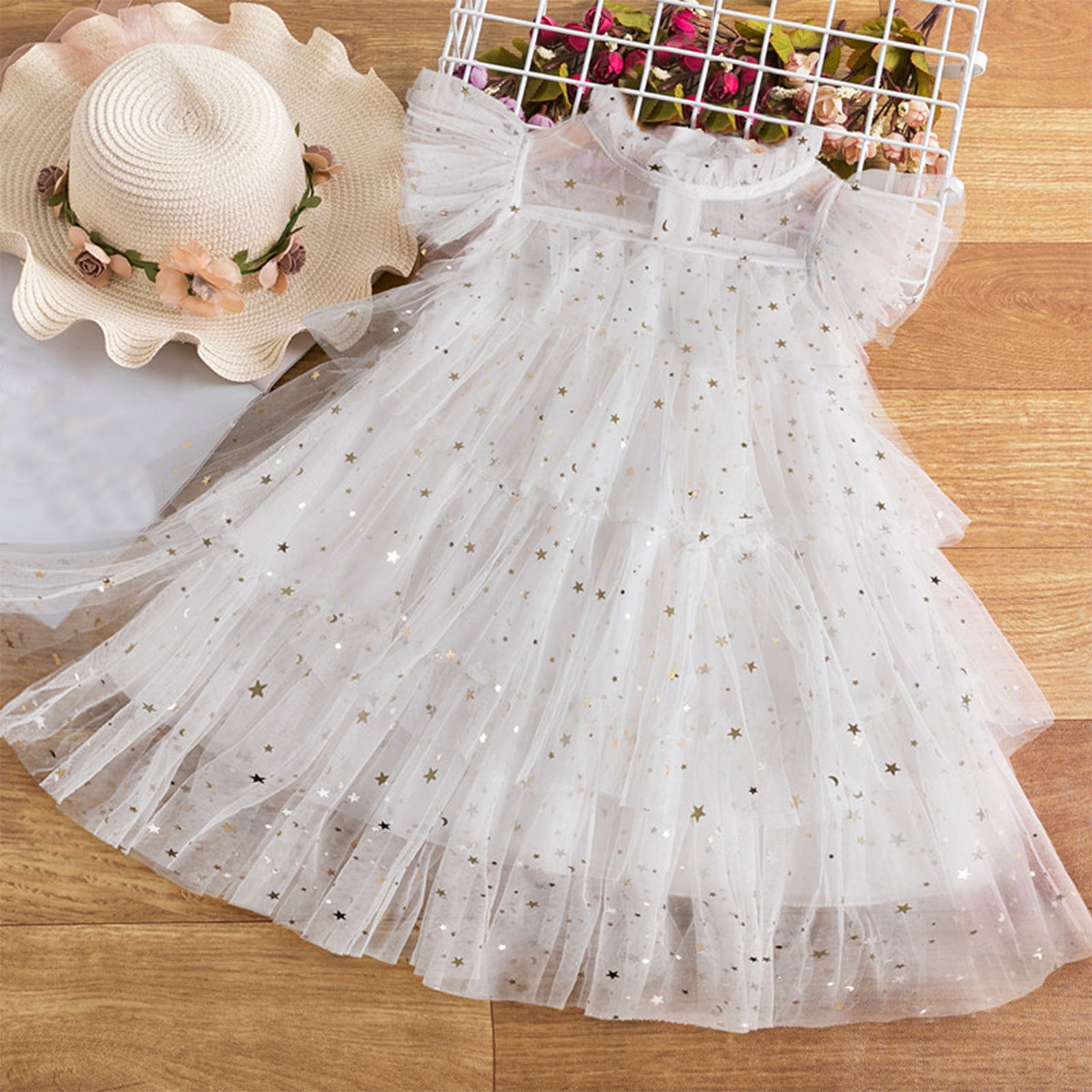 white mesh star dress YWDJ Special Occasion Dresses Girls Spring And Summer New Girls Dress Star  Sequin Mesh Princess Dress Childrens Sleeveless Dress White 4Y