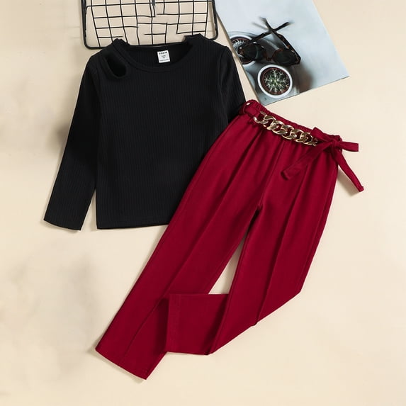 YWDJ Spring And Autumns Set 4-8 Years Old Round Neck Long Sleeve Strapless Top Chain Suit Pants Fashion Casual Two-piece Suit Black 6Y