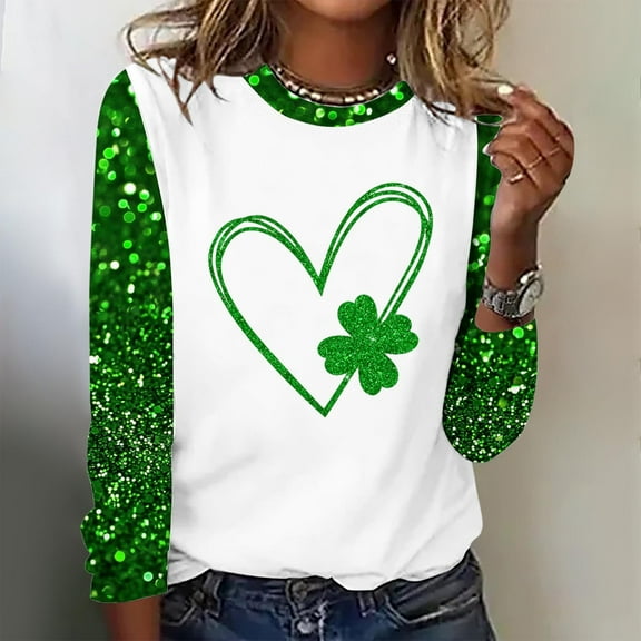successthop St Patricks Day Long Sleeve Shirts for Women Plus Size Green Plus Size Crew Neck Polyester Casual St. Patricks Day Blouse Tops for Irish Themed Gifts 2XL