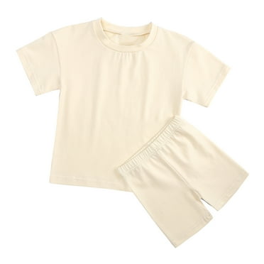 YWDJ Summer Girls Suit Candy Color Short-sleeved Shorts Two-piece Sports Suit Beige 8-9T