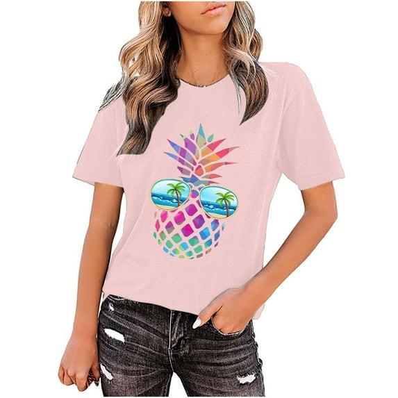 YWDJ Sunglasses for Women Fashion Women O-Neck Printing Loose Casual Pineapple Glasses T-shirt Tops Pink XL