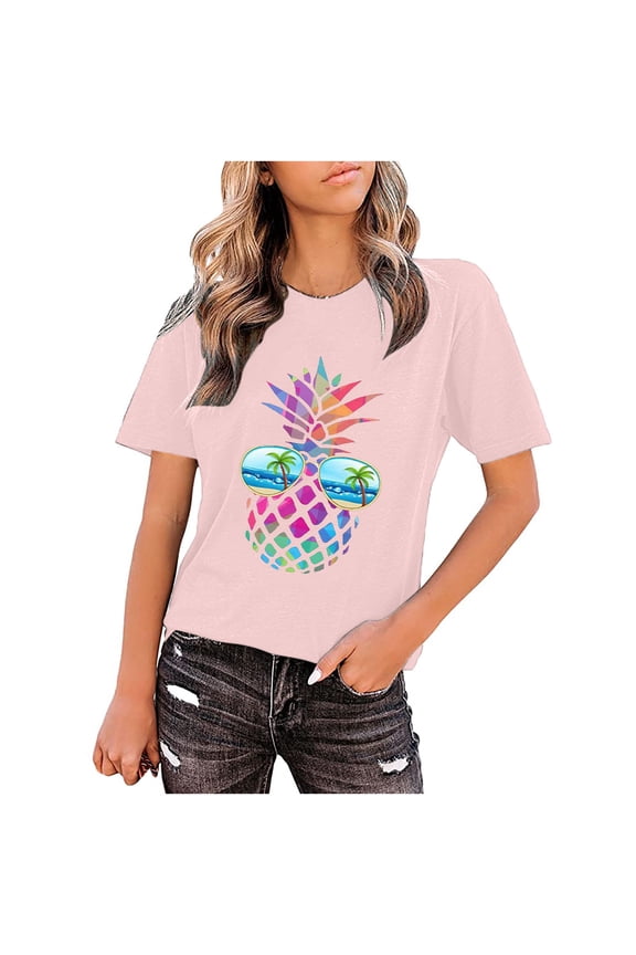 YWDJ Sunglasses for Women Fashion Women O-Neck Printing Loose Casual Pineapple Glasses T-shirt Tops Pink XXL