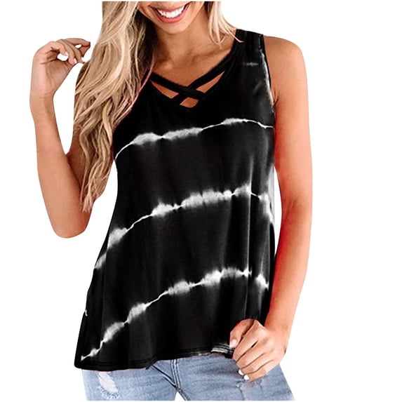 YWDJ Tank Top for Women Trendy Woman Fashion Summer Casual O-Neck Sleeveless Stripe Print Tops Vest BlouseBlackS