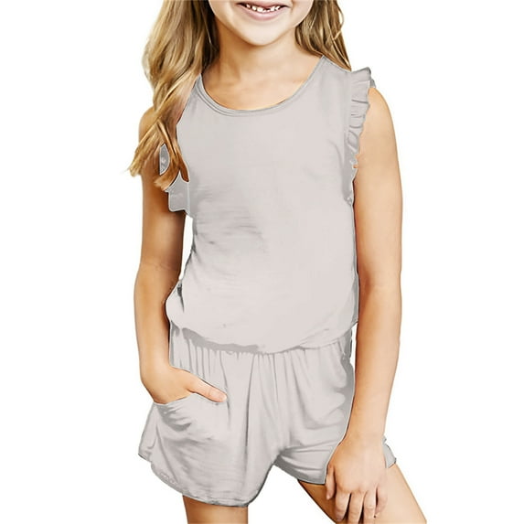 YWDJ Toddler Baby Girl Comfortable Color Sleeveless Cotton T-shirt Shorts Set Beige 7-8T