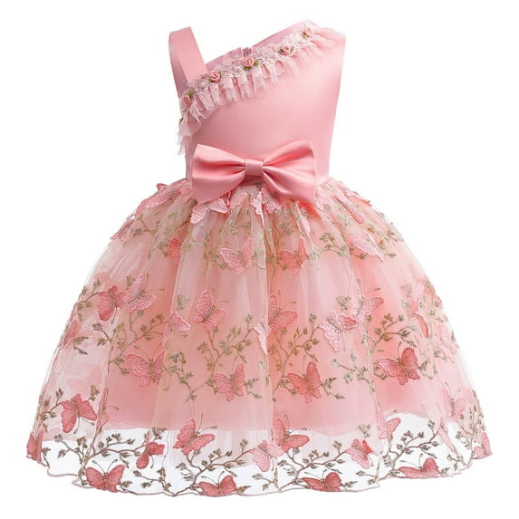 YWDJ Toddler Girls Net Yarn Flowers Mesh Embroidery Bow Ruffles Birthday Party Gown Long Dresses Pink 3T
