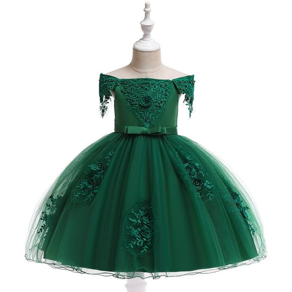 YWDJ Toddler Girls Net Yarn Mesh Bow Ruffles Birthday Party Gown Long Dresses Green 3T