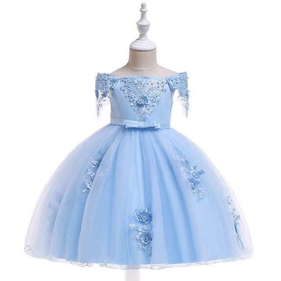 YWDJ Toddler Girls Net Yarn Mesh Bow Ruffles Birthday Party Gown Long Dresses Sky Blue 5T