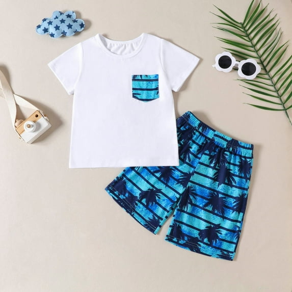 YWDJ Toddler Kids Baby Boys Fashion Cute Short Sleeve Tree Print Casual Pocket Shorts Suit White 18-24 Months