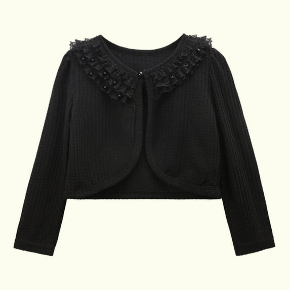 YWDJ Toddler Kids Baby Girls Fashion Cute Color Long Sleeved Lace Princess Cardigan Shawl Coat Black 7-8T