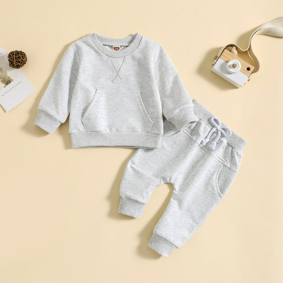 YWDJ Toddler Kids Boys Girls Fashion Cute Solid Color Long Sleeve Pocket Hooded Sweatpants Suit Gray 6-12 Months